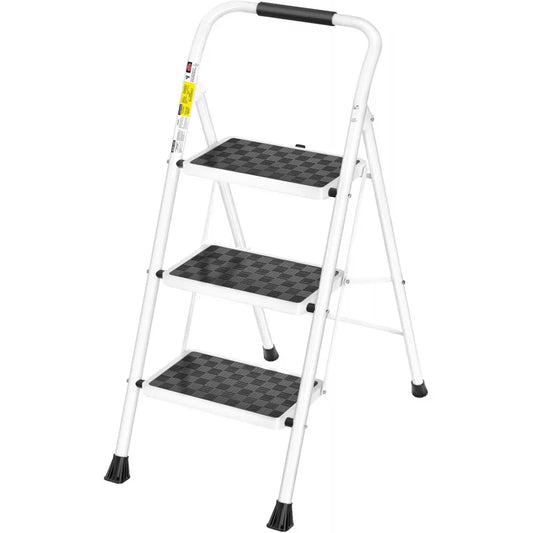 3 Step Ladder Folding Step Stool with Cushioned Handle, 330 lbs Capacity, White